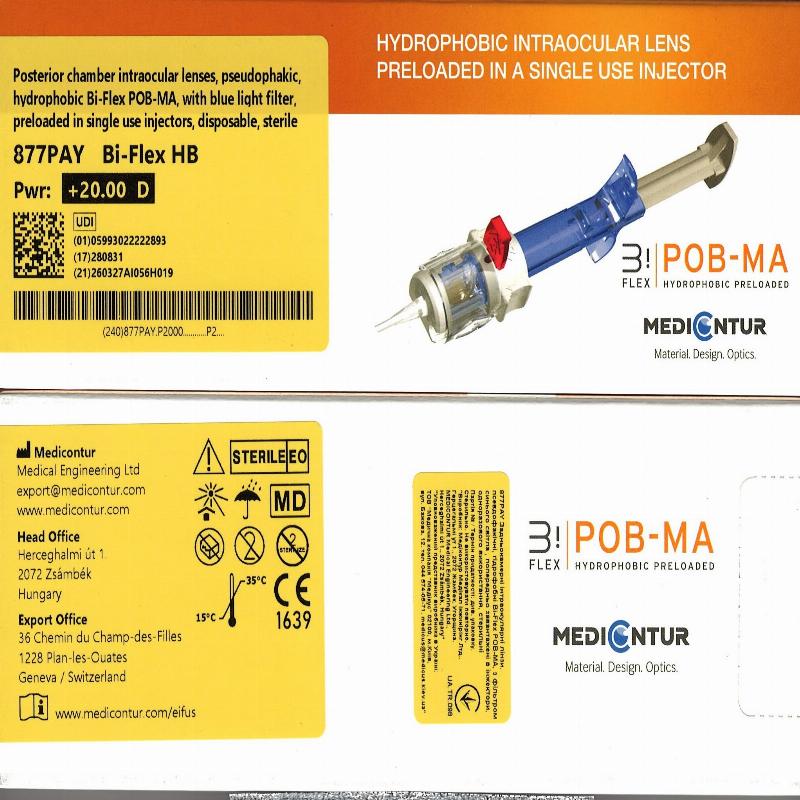 Задньокамерні ІОЛ, псевдофакічні, гідрофобні Bi-Flex POB-MA, з фільтром синього світла, попередньо завантаж. в інжектори, однор. викор-ня, стерильні (крок 0.5D)